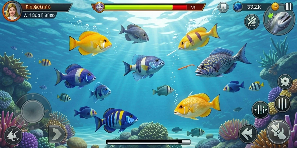 Screenshot gameplay 33ZK dengan ikan berwarna cerah dan aksi menembak.