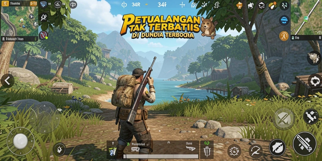 Screenshot gameplay 34R menampilkan petualangan di dunia terbuka yang indah.
