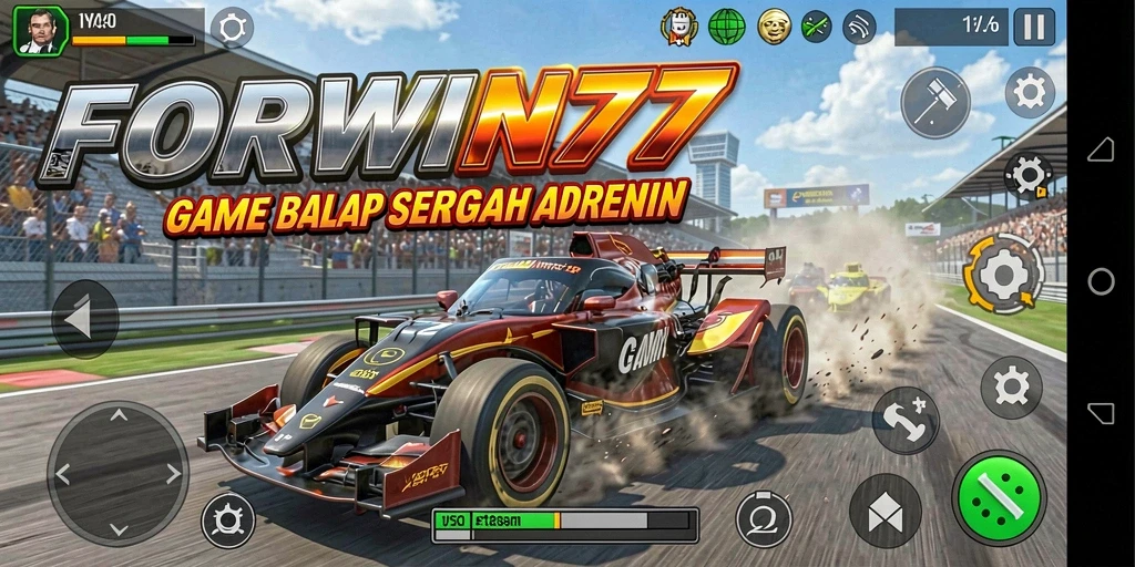 Screenshot gameplay FORWIN77 menampilkan aksi balap yang mendebarkan.