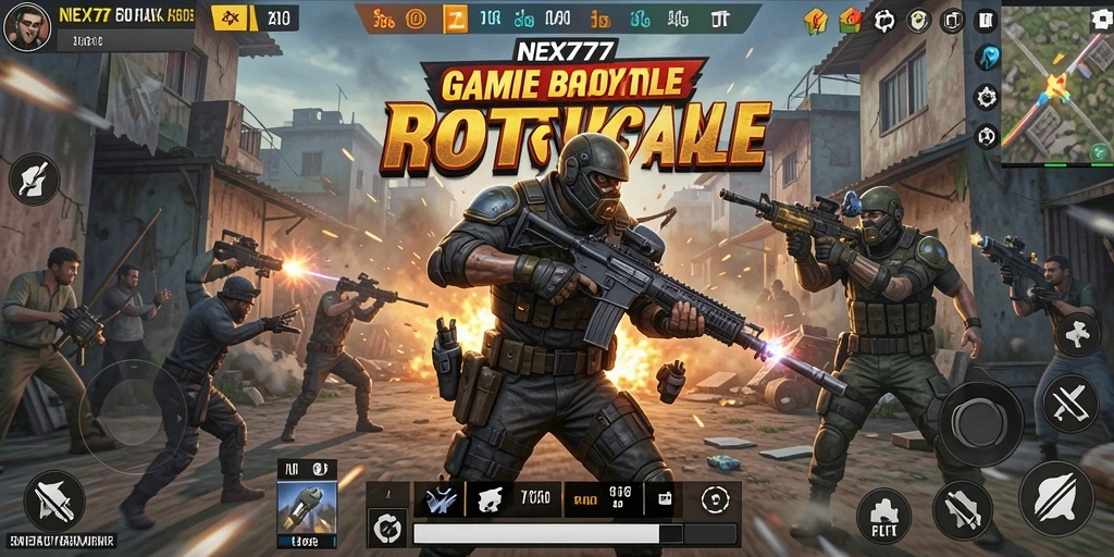 Screenshot gameplay NEX777 menunjukkan aksi seru di arena Battle Royale.
