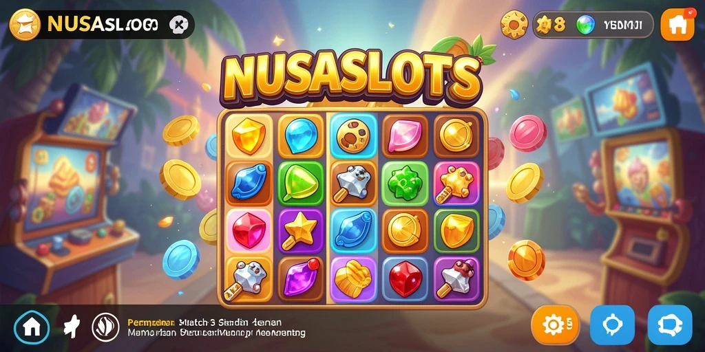 Screenshot NUSASLOTS menampilkan aksi gameplay Match-3 yang seru.