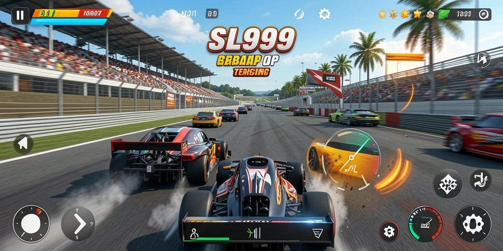 Screenshot gameplay balapan seru di SL999 dengan mobil mengesankan.