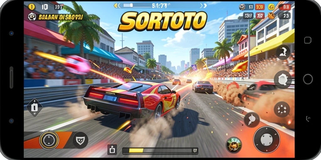 Tampilan gameplay SORTOTO menampilkan aksi balapan yang seru dan menegangkan.