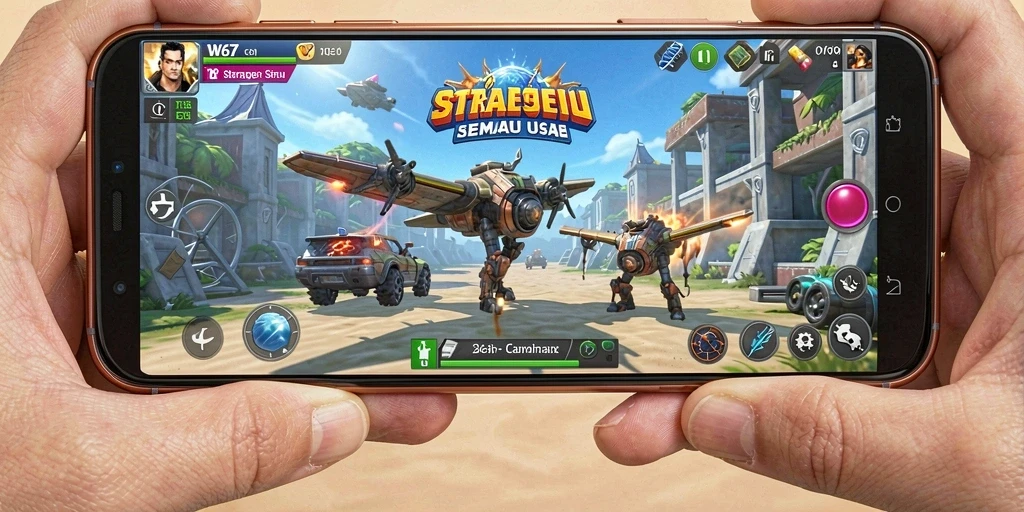 Screenshot gameplay menunjukkan pertempuran strategis yang intens.