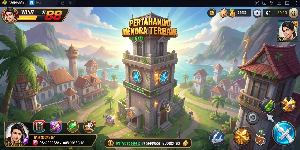 Screenshot gameplay WIN88 yang menunjukkan pertahanan menara yang strategis.
